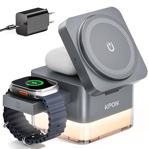 KPON Ladestation Apple Watch und Iphone für Magsafe, 3-in-1 Cube Induktive Ladestation mit Magsafe Ladegerät, Kompatibel mit iPhone 17 16 15 14 13 12 Air/Pro Max,für Apple Watch 11/10/9,Airpods (Grau)