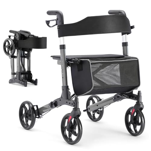 HEAO Rollator faltbar und leicht mit sitz, Aluminium rollatoren für senioren,Reiserollator 6-fach höhenverstellbar, Gehwagen mit abnehmbare Einkaufstasche & rutschfesten Rädern,Grau