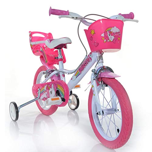 Dino Bikes Einhorn Kinderfahrrad Unicorn Mädchenfahrrad – 14 Zoll| Original | Kinderrad mit Stützrädern, Puppensitz und Fahrradkorb - Das Einhorn Fahrrad als Geschenk für Mädchen