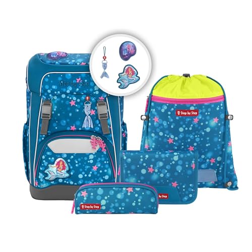 Step by Step Schulranzen-Set Giant Mermaid Lola, 5-teilig, blau-pink, ergonomischer Tornister mit Reflektoren, höhenverstellbar mit Hüft- und Brustgurt, ab der 1. bis 4. Klasse, 23l