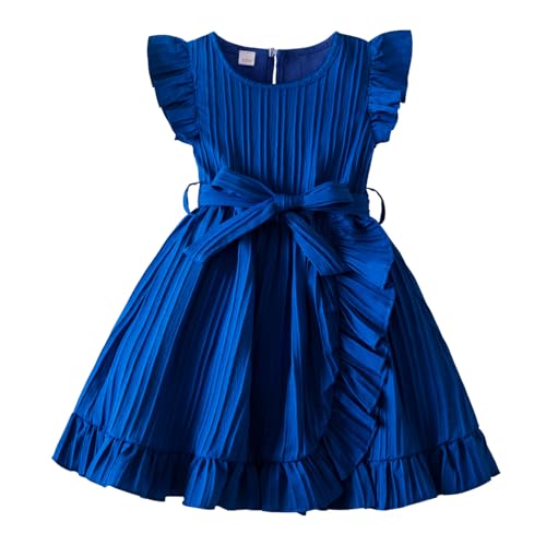 JiAmy Mädchen Kleider Rüschenärmel Kinderkleider Festlich Sommerkleid Einfarbig Kinderkleid A Linie Partykleider mit Gürtel Alter 5-6, Blau