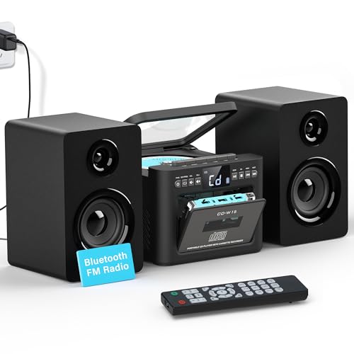 Greadio Stereoanlage mit CD Player und Kassettenrekorder, 40-W-Lautsprecher mit Bluetooth 5.1, Kassettenspieler mit FM Radio/USB/TF/AUX/Fernbedienung, HiFi Musikanlage (Schwarz)