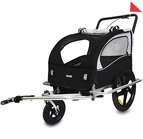 DMS® Fahrradanhänger 2 in 1 Kinderanhänger Fahrrad Anhänger Jogger Radanhänger Kinderwagen Kinderfahrradanhänger für 2 Kinder 5-Punkt Sicherheitsgurt, Radschutz FH-02 (Schwarz)