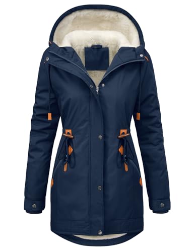 CMTOP Winterjacke Damen Warm Dicke Wintermantel Mittellang Fleece Gefütterte Parka Elegant Casual Outdoor Kapuzenmantel Herbst Winter Jacke Hoodie mit Reißverschluss, Kordelzug(Marineblau, L)