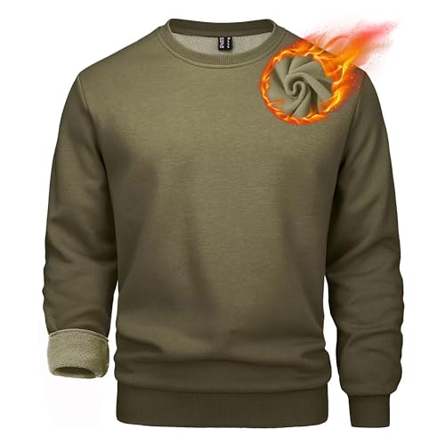 MAGCOMSEN Herren Crewneck Langarmshirt Fleece Sport Pullover Einfarbig Baumwolle Sweatshirt Herren O-Neck Casual Tops Gefüttert Winter Laufpullover Gym Outdoor Oberteile Shirt Armeegrün XXL