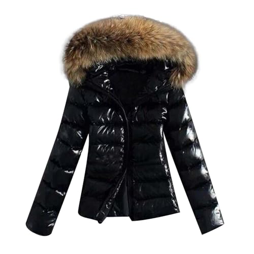 Generisch Glänzende Daunenjacke Damen - Kunstpelz Winterjacke Verdickte Daunenmantel Mit Fellkapuze Puffer Jacke Steppjacke Pufferjacke Warme Gesteppter Parka Dicke Outdoor Jacken Winter Mantel