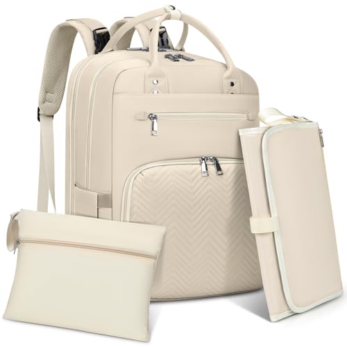 RAINSMORE Wickelrucksack Baby Wickeltasche Rucksack mit Wickelunterlage Unterwegs Groß Diaper Bag Multifunktions Baby Taschen für Mama und Papa Aprikose