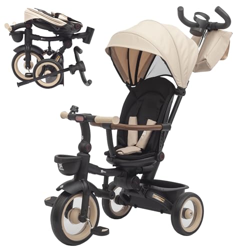 Twinly - Evolutionäres Dreirad für Babys, Sami, faltbar, mit drehbarem Sitz, um 360 Grad drehbar, 2 Jahre – Kinderwagen, Lauflernspielzeug, 1-5 Jahre oder 25 kg – Licht, ausziehbares Verdeck (Beige)