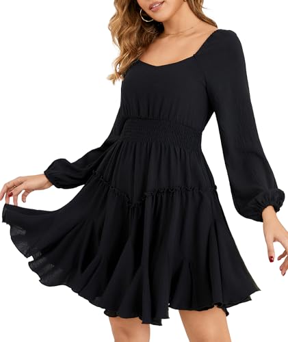 Beluring Kleid Damen Elegant Langarm Swing A-Linie Partykleid Eckiger Ausschnitt Mini Kleider Schwarz M