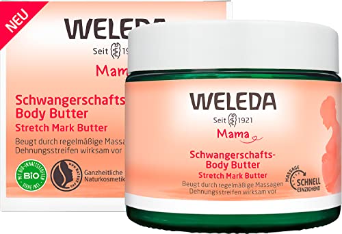 WELEDA Bio Mama Schwangerschaft Body Butter – Naturkosmetik Babybauch Massage Körperbutter zur Dehnungsstreifen Vorbeugung, Hautpflege Narbensalbe mit Sheabutter & Kakaobutter (vegan, 150ml)