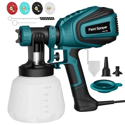 Farbsprühsystem, 700W HVLP Elektrische Spritzpistole, 1200ML Behälter, 1000 ml/min mit Reinigungs & Blasanschlüssen, 4 Düsen & 3 Sprühmuster, Einstellbarer Durchfluss, für Möbel, Wände & Zäune.