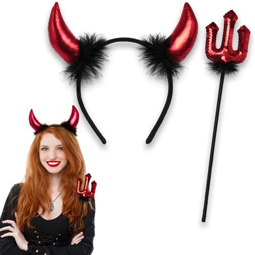 ROSAUI Halloween Teufelshörner und Zauberstab, Karneval Teufel Kostüm Damen, Hörner Haarreif Rot, 36cm Zepter, Hörner Kopfschmuck Teufel Accessoire Fasching Party