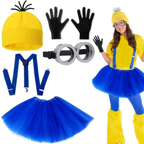 ZeiLaBang Kakadi 5 Stück Minion Kostüm Zubehör,Gelbes Kostüm set für cosplay,1 Brille Gelbe 1 Mütze 1 Schwarze Handschuhe Set,Schwarze Handschuhe und Gelbe Beanie Hüte, für Damen Herren Kinder