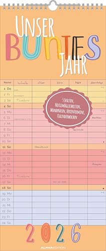 Alpha Edition - Unser buntes Jahr - 5 Spalten - Familienplaner Kalender 2026 – Familienkalender 20x45 cm – Bunter Terminkalender für Familienorganisation – Feiertage (DE/AT/CH)