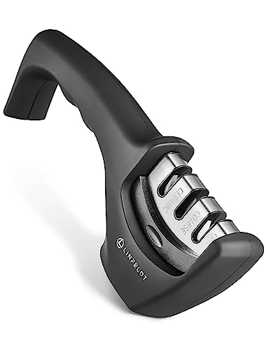 LINFELDT® Messerschärfer mit 3 Stufen - Manuell & Rutschfest Profi Keramik Wolfram Diamant - manueller Messerschleifer - Knife Sharpener Messer schärfen Schwarz