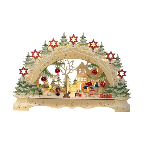 Wichtelstube-Kollektion LED Schwibbogen Weihnachtsmarkt Lichterbogen Weihnachten beidseitig bemalt Schwippbogen Echtholz batteriebetrieben mit integrierten Timer 45cm