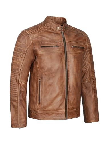 Leatherick Herren-Bikerjacke aus echtem Leder im Distressed-Look, Hellbraun, Distress Brown (DE/NL/SE/PL, Alphanumerisch, M, Regular, Regular)