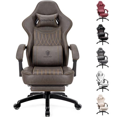 Dowinx Gaming Stuhl mit Frühling Kissen,Racing Gamer Stuhl mit Massage Lendenwirbelstütze, Ergonomischer Gaming Sessel mit Fußstütze Bürostuhl PU Leder Braun