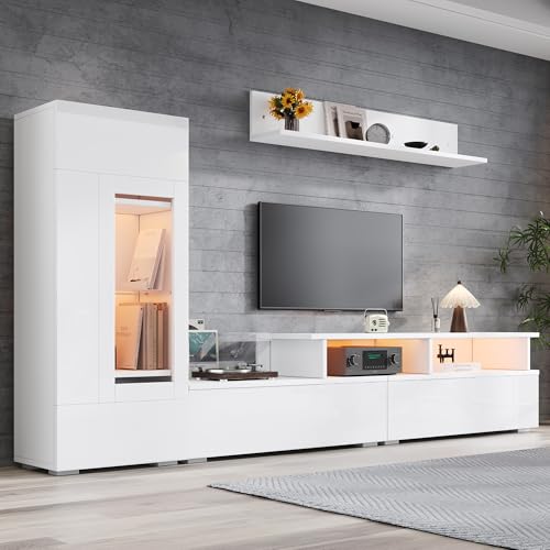Kebnor TV Wohnwand Set 3-teilig LED Beleuchtung Hochglanz Wohnzimmer Möbel Set Frontale Wohnwand 1*TV Schrank, 1 *Wohnzimmer Vitrine,1 x Hängeregal, TV bis 75' (Weiß 1)