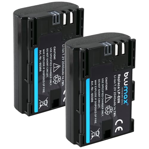 2X Blumax Akku kompatibel mit Canon LP-E6N | 2040mAh | LP-E6NH LP-E6 für Canon EOS-R EOS R Ra R5 R6 II R7-5D Mark II III IV - 6D 7D 60D 90D - XC15