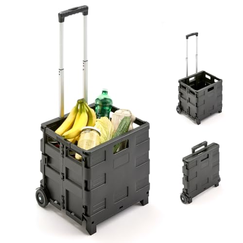 G2 Klappboxtrolley SPACY – Klappbarer Einkaufstrolley mit Rollen, faltbar & leicht – Tragkraft 25 kg – Einkaufskorb mit ausziehbarem Griff – Klappbox für Einkauf & Transport – Schwarz