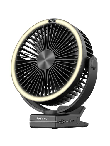 Warmco 15000mAh Akku Camping Ventilator 26 cm mit LED-Licht, bis zu 30 Std Laufzeit, Clip & USB Tischventilator, 4 Stufen, 360° drehbar, mit Haken für Zelt, Büro & Outdoor