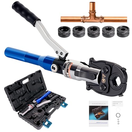 AMZCNC Profi Presszange (hydraulisch) Presswerkzeug V-Kontur(SC-Kontur) 12-15-18-22-28 Set Presswerkzeug HPZ mit 180° drehbarem Kopf,für Kupferrohr, C-Stahlrohr, Edelstahlrohr, Backeneinsätze V