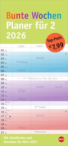 Bunte Wochen Planer für 2 2026: Praktischer Wandplaner für zwei mit 3 Spalten. Wandkalender mit Schulferien und 3-Monats-Ausblick aufs Folgejahr. ... 2026 zum Eintragen. (Familienplaner Heye)