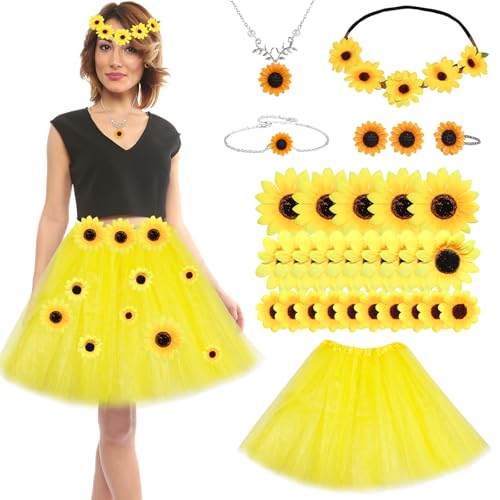 Jokureao 31Stück Damen Sonnenblumen Kostüm Set, Tutu Rock Gelb Tüllrock, Sonnenblumen Headband, Künstliche Sonnenblumen, Sonnenblumen Baumeln Ohrring, Halsketten, für Karneval Halloween Maskerade
