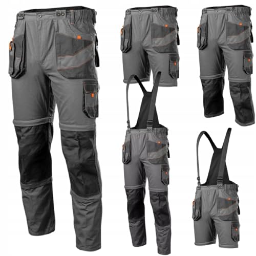 NEO TOOLS Herren Arbeitshose 6-in-1 – kurze Hose, Herrenhose, Latzhose, 100% Baumwolle 260 g/m², abknöpfbarer Hosenträger, Multifunktionstaschen, elastischer Gummibund, Größe:M, grau
