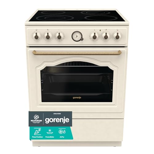 Gorenje Classico GECS 6 B70CLI Elektrostandherd mit Glaskeramik-Kochfeld/Retro Design / 60cm / 71 Liter/Gentle Close/Schnellaufheizung/AirFry/ExtraSteam/Pizzamodus/AquaClean/champagne, Elfenbein