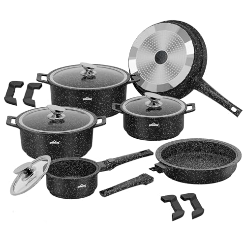 HOMELUX Topfset Induktion mit Abnehmbarer Griff,10-TLG Topf und Pfannenset, Pfanne 24/28cm,Milchtopf 16cm, Kochtopf Set 20/24/28cm, Stapelbar Topfset für alle Herdarten, Ofenfest, Schwarz
