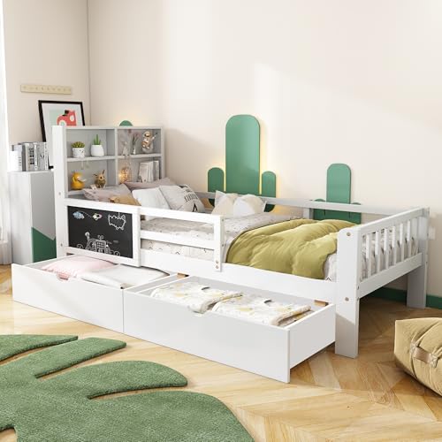 Kinderbett 90x200, Holzbett mit Schubladen und Tafel, Kopfteil mit Bücherregal & Rausfallschutz, Bett mit Lattenrost und Stauraum, Jugendbett, Funktionsbett, Bettgestell aus Holz, ohne Matratze, Weiß