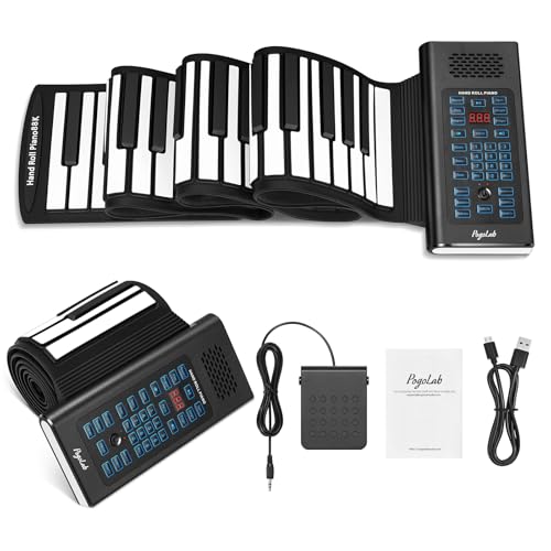 POGOLAB 88-Tasten-Roll-Up-Keyboard-Piano, wiederaufladbares Roll-Up-Piano mit 20 Demos/128 Klangfarben/128 Rhythmen/Kopfhöreranschluss/Bluetooth/Drum-Kit, faltbares Reise-Handroll-Piano für alle