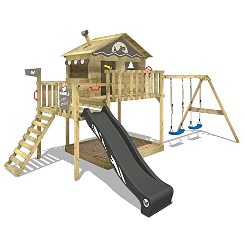 WICKEY Spielturm Klettergerüst Smart Coast mit Schaukel & anthraziter Rutsche, Outdoor Kinder Kletterturm mit Sandkasten, Leiter & Spiel-Zubehör für den Garten