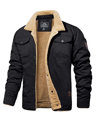 MAGCOMSEN Warme Jacke Herren Übergangsjacke Militär Jagdjacke Stehkragen Fliegerjacke Herren Winterjacke Baumwolle Mantel US Armee Feldjacke mit Innenfleece Schwarz M