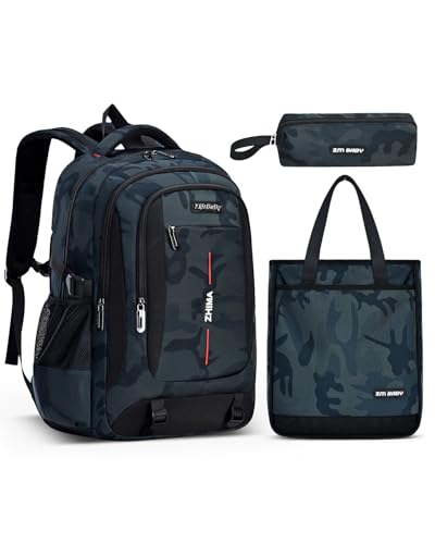 Amythe Schulrucksack Jungen Teenager, Schulranzen für Jungen der 3. 5. bis 7. Klasse, Wasserdicht Camouflage Schultasche Set mit Umhängetasche Stifttasche, Großer Lässiger Rucksack, Grün