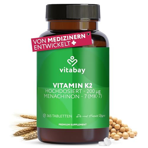 Vitabay Vitamin K2 Hochdosiert 200 µg (mcg) - 365 Vitamin K2 Tabletten Vegan & Laborgeprüft - MK-7 (Menachinon-7) aus natürlichen Zutaten in All-Trans Form - Hohe Bioverfügbarkeit