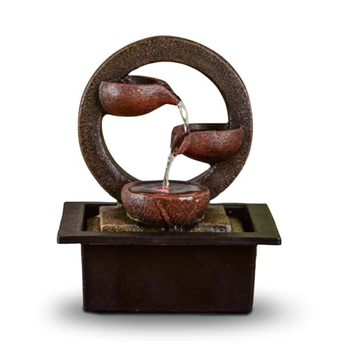 Zen'Light Zimmerbrunnen Zen Terai, originelle Innendekoration, natürlicher Wasserfluss, mehrfarbige LED-Beleuchtung, leise, L 17 x B 21 x H 25 cm, Braun