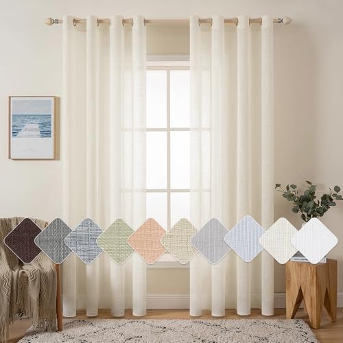 MIULEE 2er Set Voile Vorhang Sheer Leinenvorhang mit Ösen Transparente Leinen Optik Gardine Ösenschal Wohnzimmer Fensterschal Lichtdurchlässig Dekoschal Schlafzimmer 140x225cm (B x H) Hellbeige
