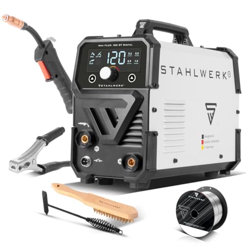 STAHLWERK Schweißgerät Mini FLUX 120 ST Digital – Fülldrahtschweißen (FLUX) ohne Schutzgas bis 120 A, kompakt mit synergischem Drahtvorschub und LED-Licht, Lift-TIG- und MMA/E-Hand-Funktion (ARC)