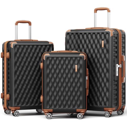 Melalenia Kofferset 3 Teilig Hartschale Leicht Reisekoffer von Trolley Handgepäck Sets mit TSA Schloss und 4 Rollen Schwarz