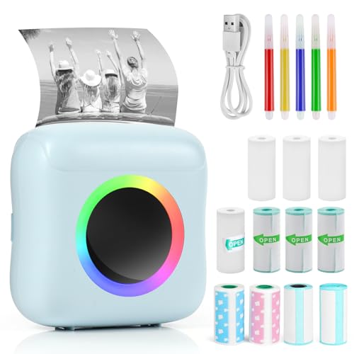 GuKKK Mini Drucker, Mobiler Fotodrucker, Tragbarer Mini Fotodrucker, Wireless Thermodrucker mit 11 Rollen Druckerpapie und 5 Buntstifte, Smartphone Bluetooth Drucker, für Liste, Journal
