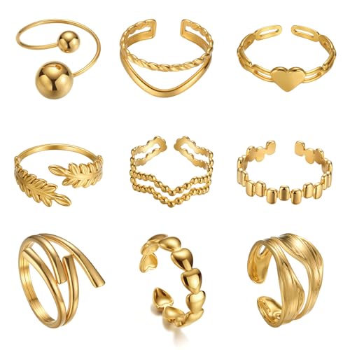 TIZU 9 Stück Damen Gold Ringe Set Edelstahl 18K Echte Goldplattierung Verstellbare Wasserfest Rings für Frauen Mädchen