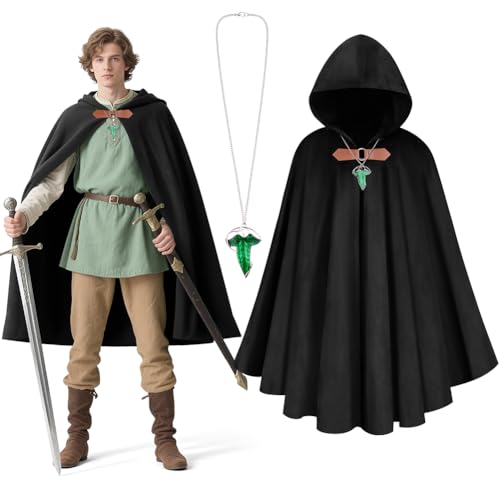 BSBUY Unisex Mittelalter Set mit Umhang/Grüne Blattkette Mittelalter Umhang mit Kapuze Renaissance Cloak Wikinger Kleidung Damen Cape Herren Gandalf Kostüm Halloween Costume Umhang Karneval (Schwarz)