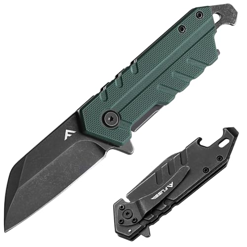 FLISSA Taschenmesser Klappmesser, Abgenutzter Stil, Einhandmesser mit G10 Griff, Jagdmesser mit Taschenclip&Flaschenöffner, Outdoor Messer für Camping, Jagd und Wandern, Grün