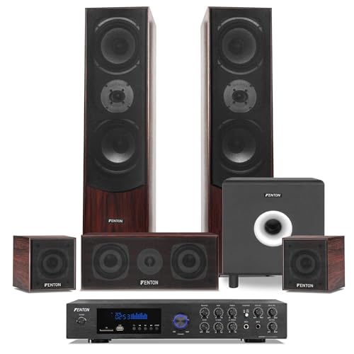 Fenton Heimkino System Komplett Set, 5.1 Soundsystem 245 Watt RMS, Bluetooth Verstärker, MP3-USB, AUX, 5 Lautsprecher und 10