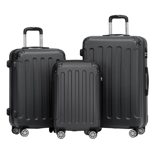BEIBYE Hartschalen-Koffer Trolley Rollkoffer Reisekoffer Handgepäck 4 Rollen (M-L-XL-Set) (Schwarz, Set)