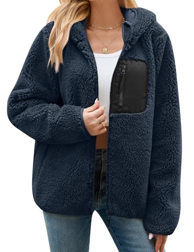 Tuopuda Teddyfell Jacke Damen Herbstjacke Fleecejacke Warme Fleecemantel Damen Kapuzenpullover Zipper Hoodie Plüschjacke mit Taschen (Marineblau,L)