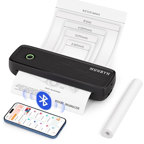 MUNBYN Mobiler Drucker Bluetooth Thermodrucker A4 203DPI Inkless Printer Kompatibel mit Android & iOS für Handy & Laptop, Unterstützt 210x297mm A4 Thermopapier, Tragbarer Drucker, ITP04, Schwarz